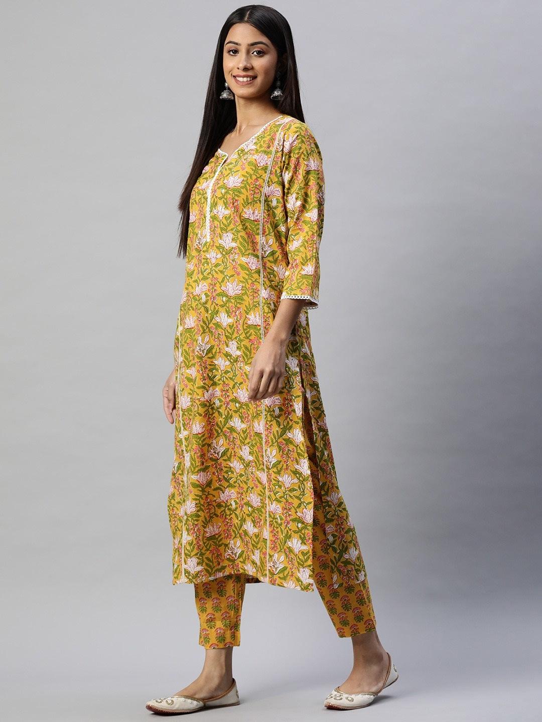 Divena Yellow Floral Printed Straight Kurta Pant Sets - divena world-Mohi