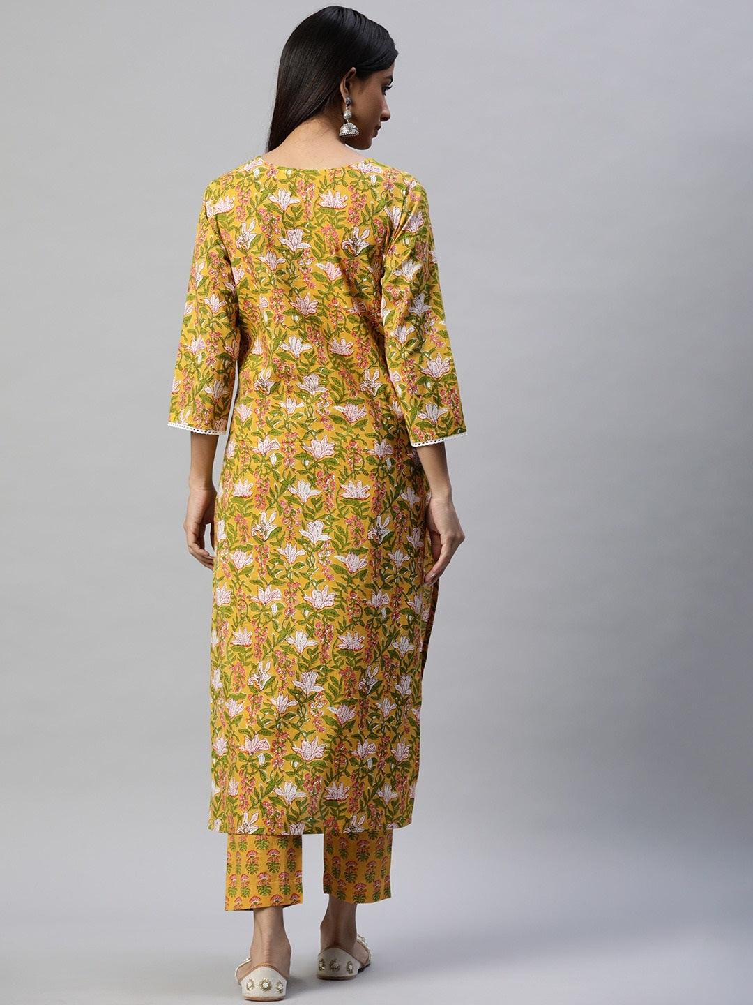 Divena Yellow Floral Printed Straight Kurta Pant Sets - divena world-Mohi