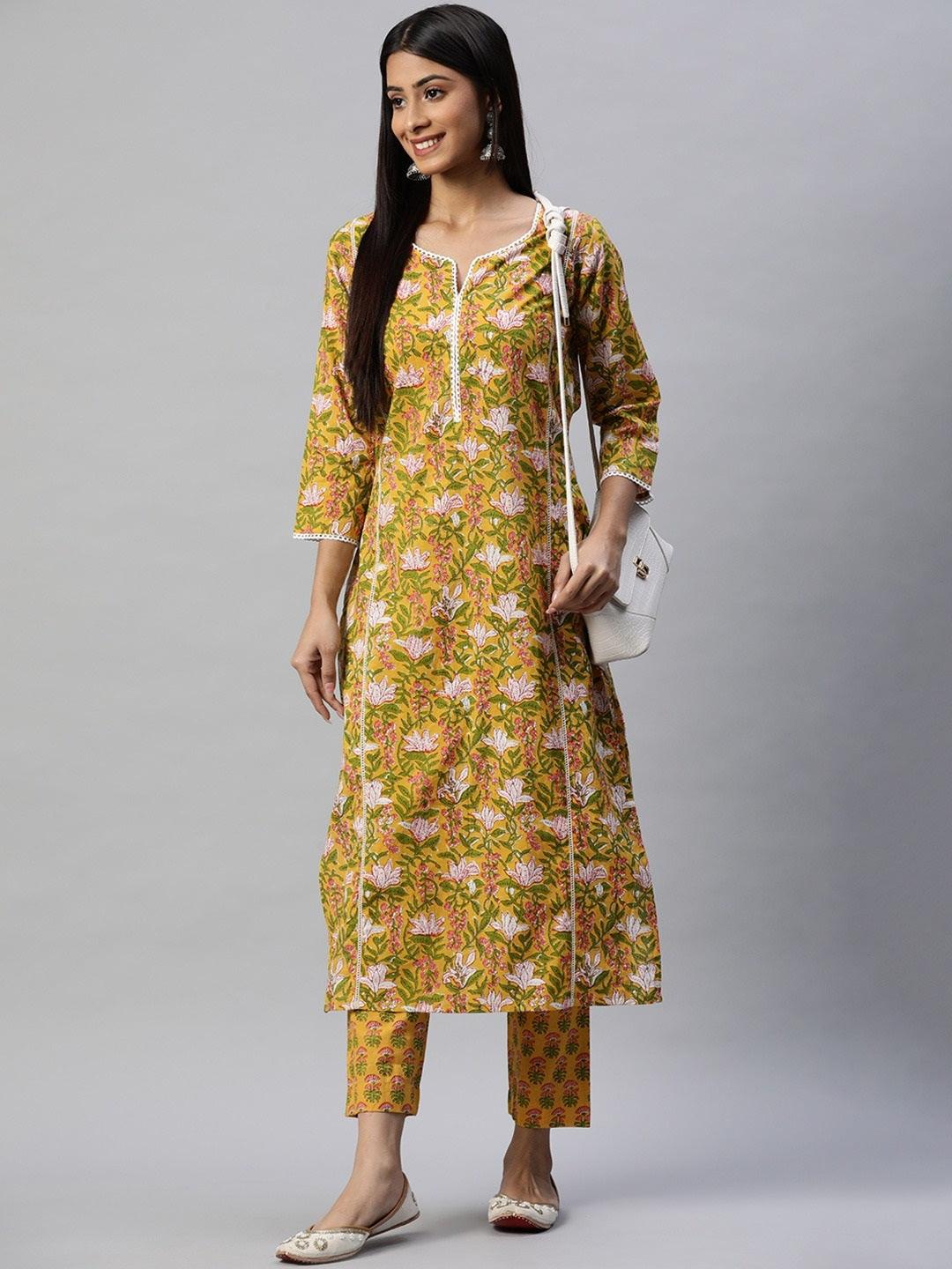 Divena Yellow Floral Printed Straight Kurta Pant Sets - divena world-Mohi