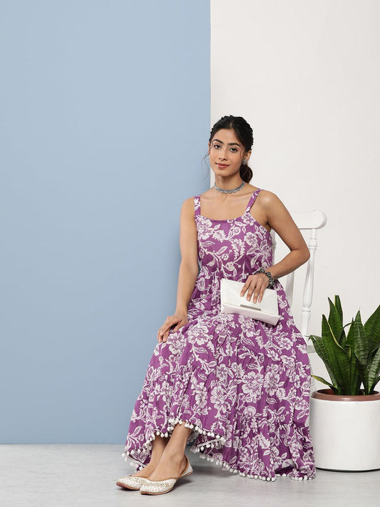 Divena Purple Floral Shoulder Strip Long Dress - divena world-Mohi