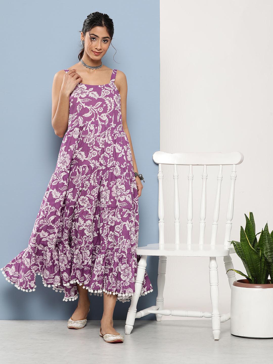 Divena Purple Floral Shoulder Strip Long Dress - divena world-Mohi