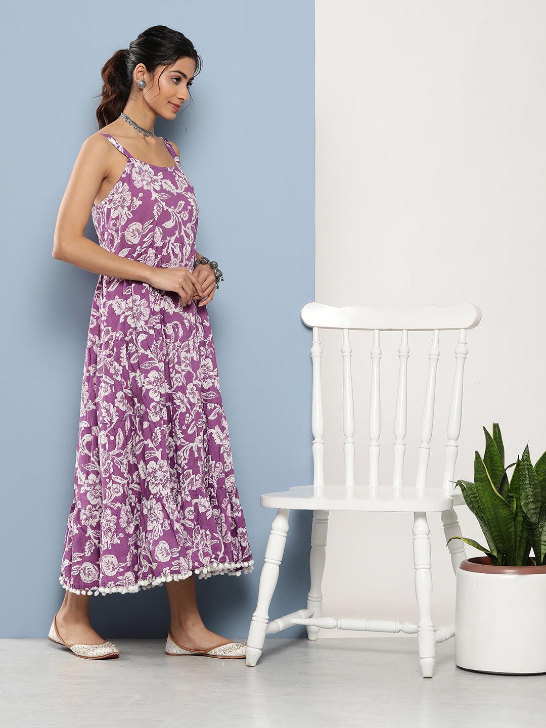 Divena Purple Floral Shoulder Strip Long Dress - divena world-Mohi