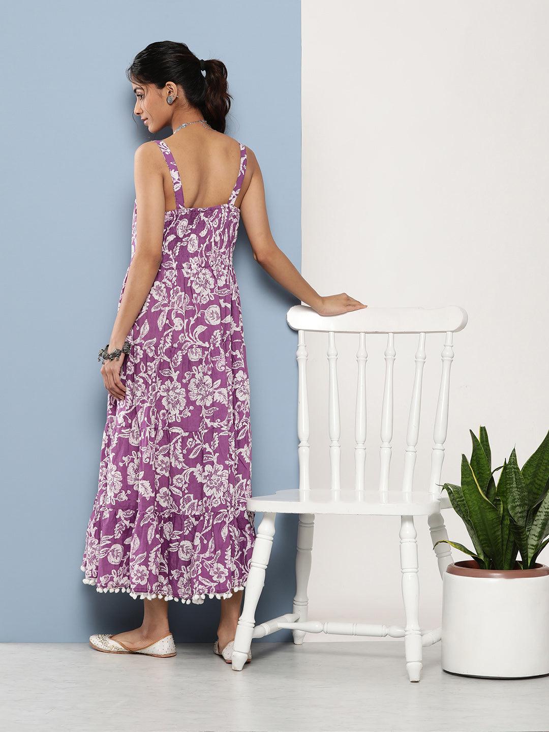 Divena Purple Floral Shoulder Strip Long Dress - divena world-Mohi