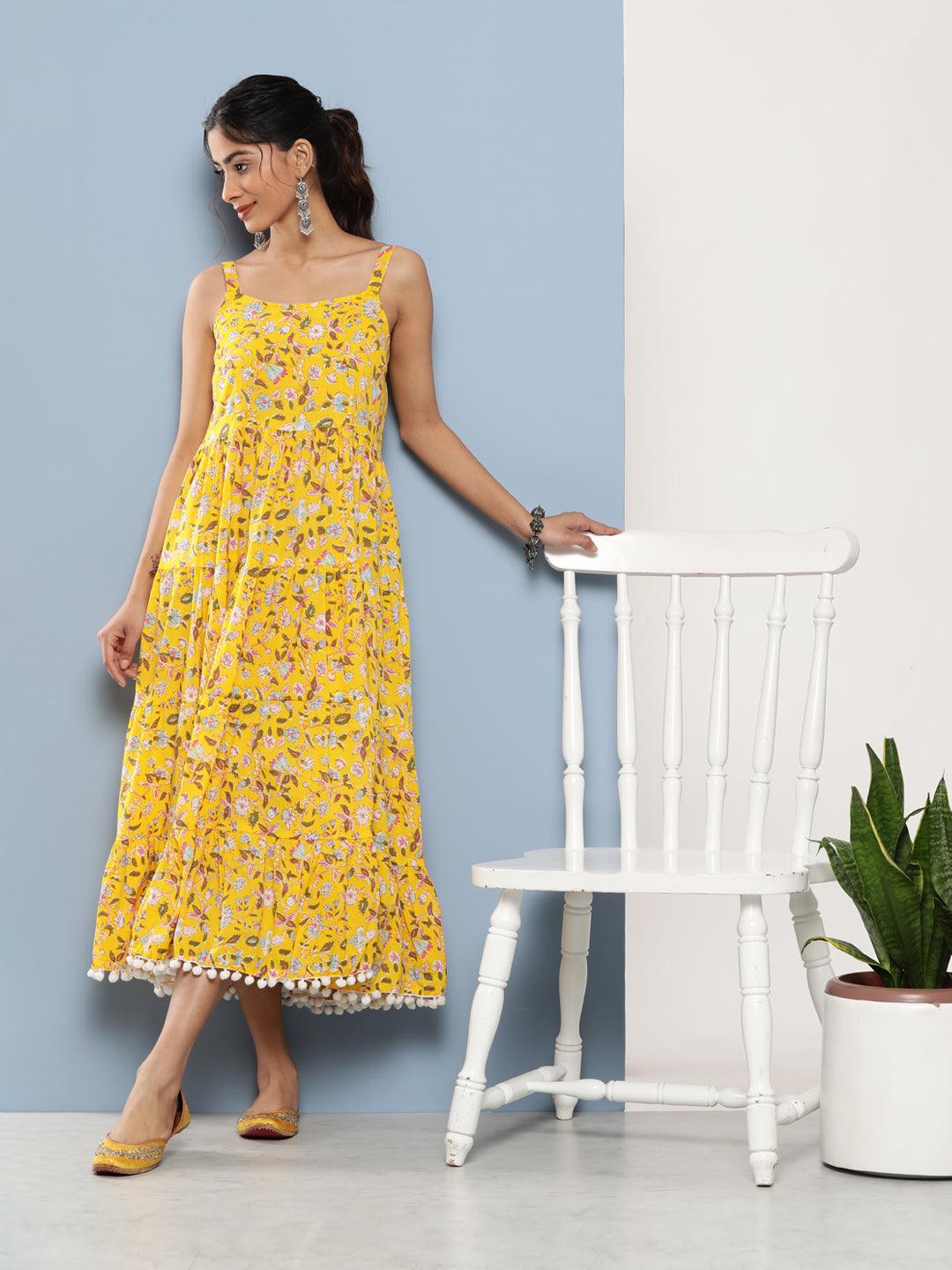 Divena Yellow Floral Shoulder Strip Long Dress - divena world-Mohi