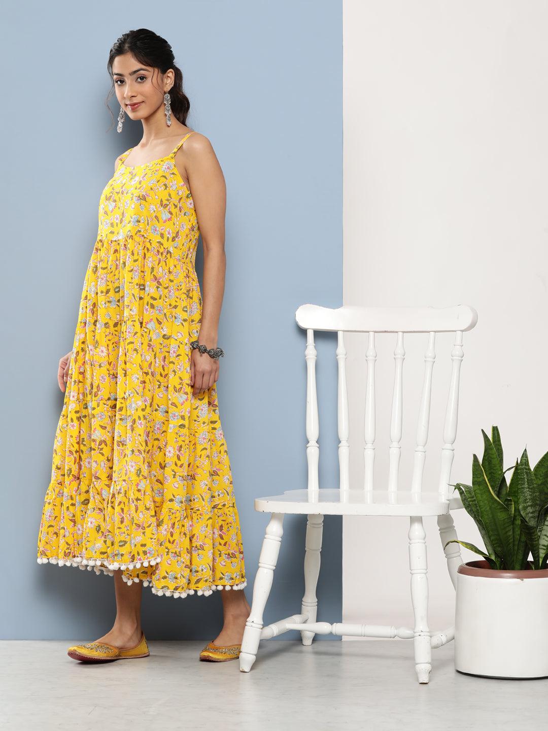 Divena Yellow Floral Shoulder Strip Long Dress - divena world-Mohi