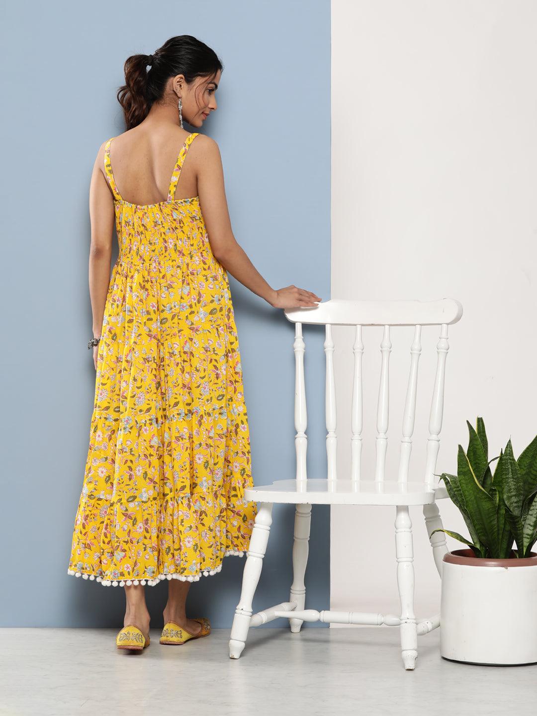 Divena Yellow Floral Shoulder Strip Long Dress - divena world-Mohi