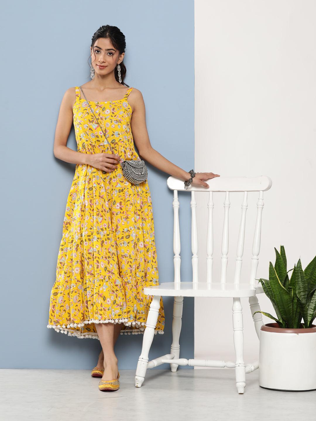 Divena Yellow Floral Shoulder Strip Long Dress - divena world-Mohi