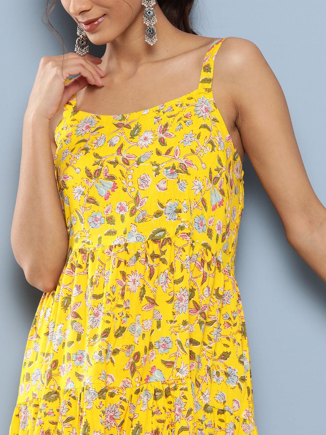 Divena Yellow Floral Shoulder Strip Long Dress - divena world-Mohi