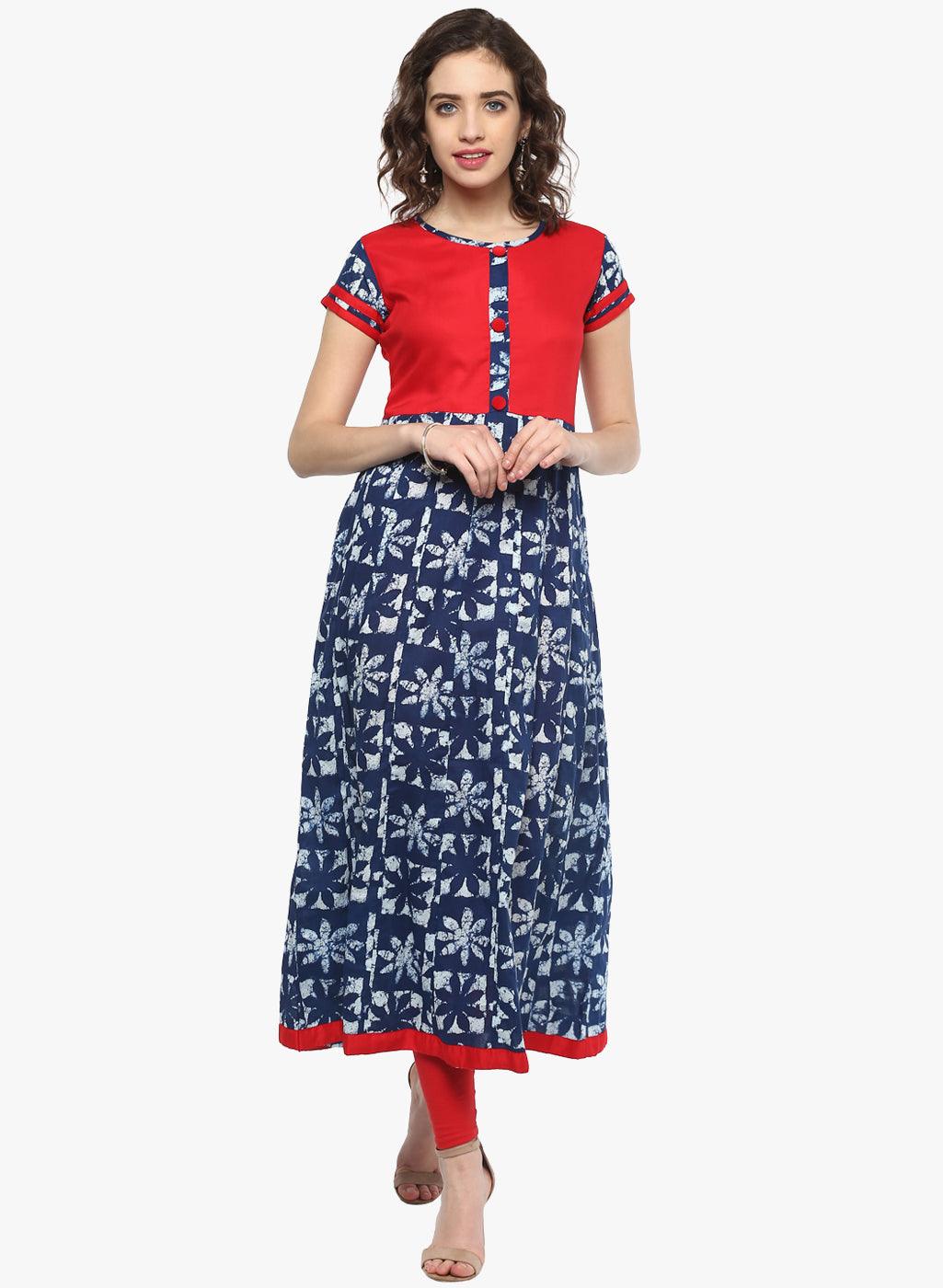 Divena Indigo Blue Printed Cotton Anarkali - divena world-Mohi