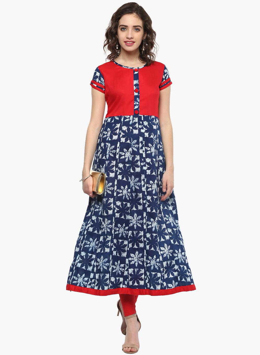 Divena Indigo Blue Printed Cotton Anarkali - divena world-Mohi