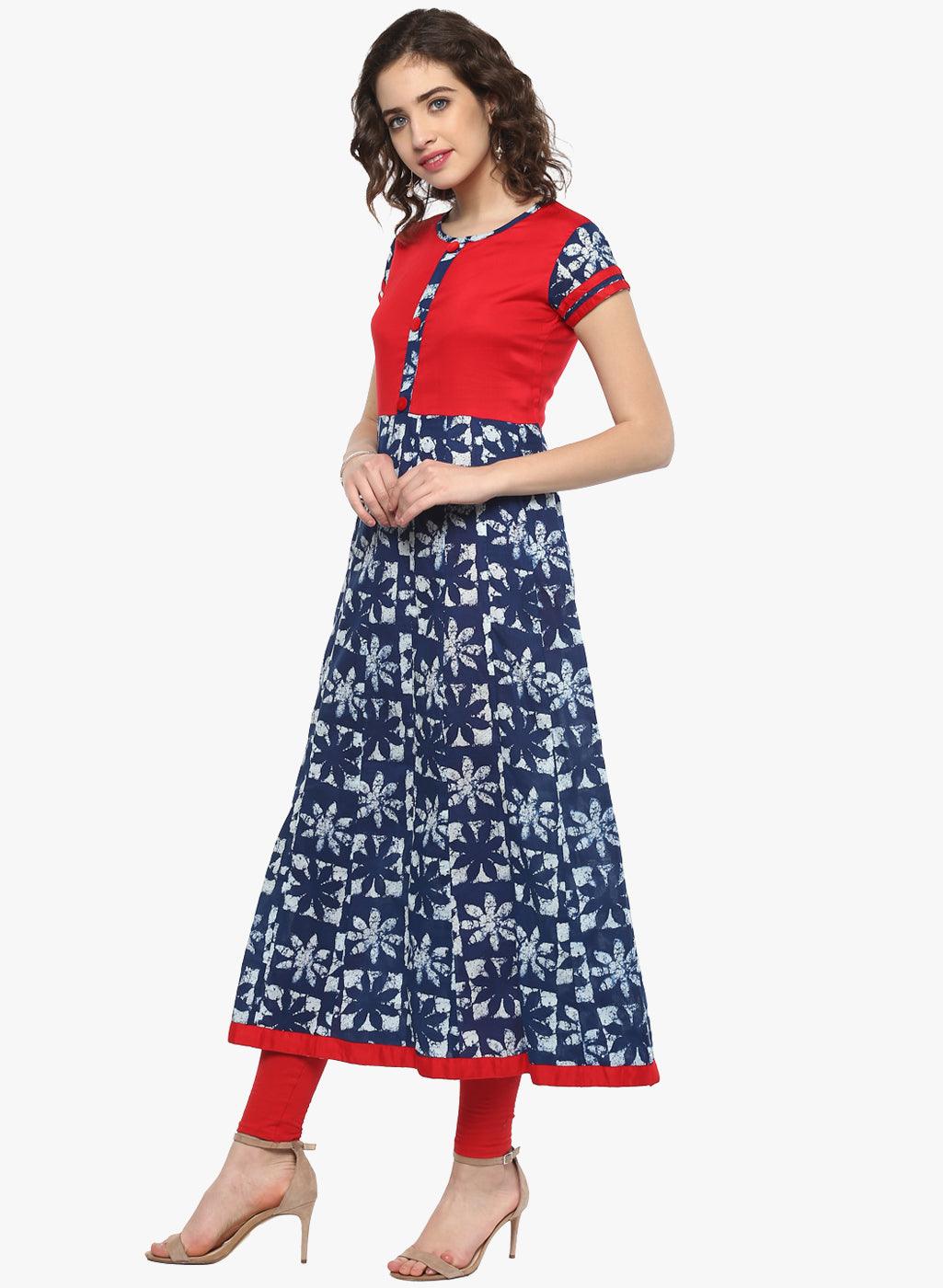 Divena Indigo Blue Printed Cotton Anarkali - divena world-Mohi