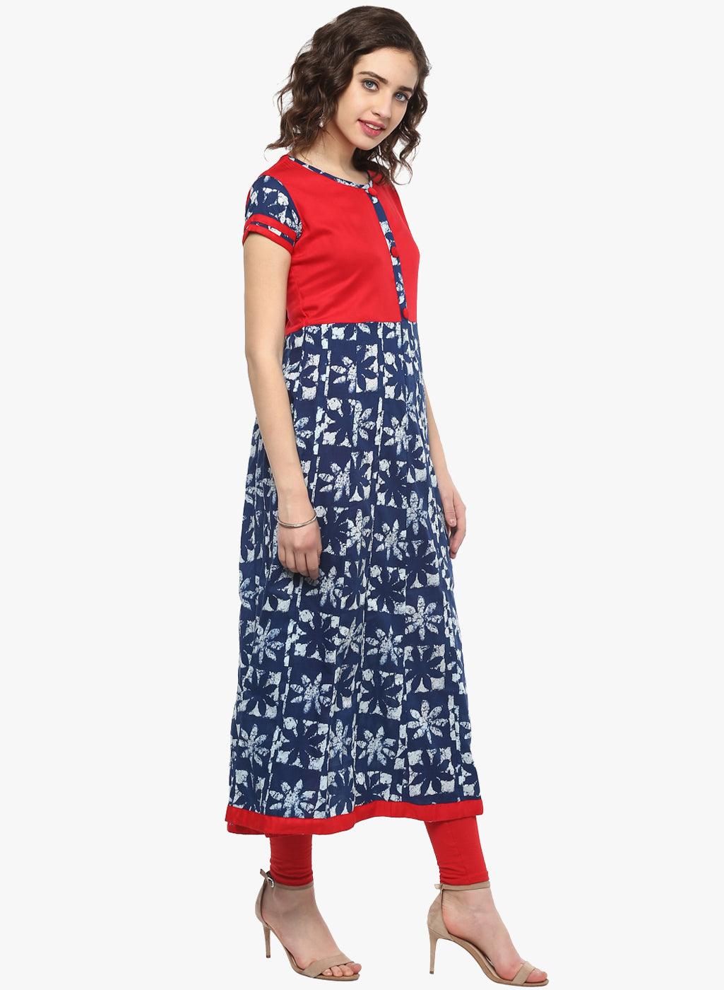 Divena Indigo Blue Printed Cotton Anarkali - divena world-Mohi