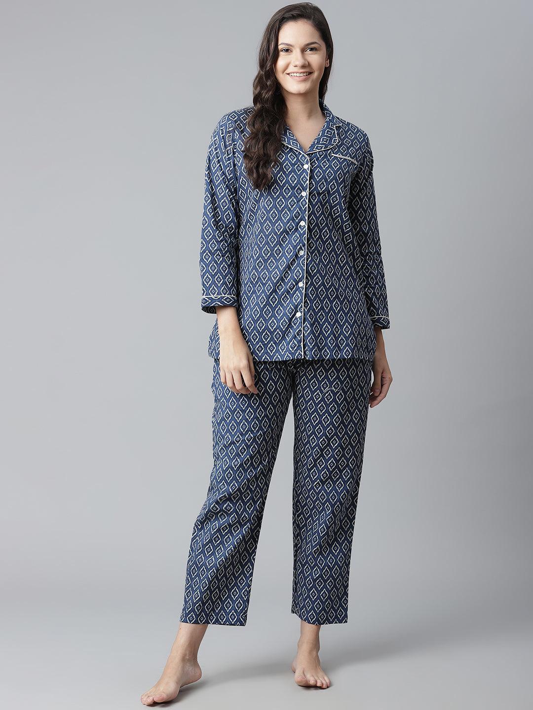 Divena Indigo Printed Cotton Nightsuit - divena world-Mohi