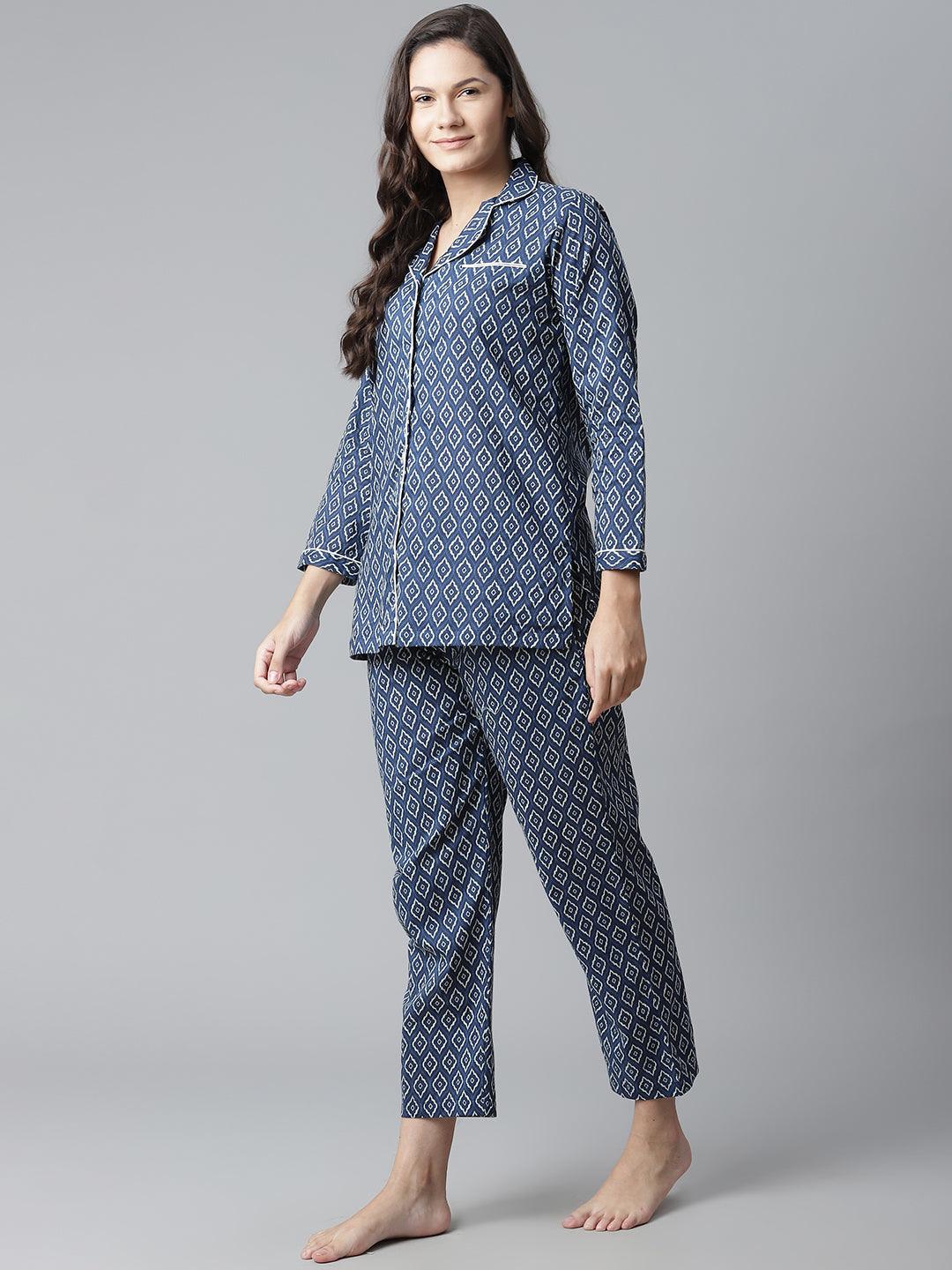 Divena Indigo Printed Cotton Nightsuit - divena world-Mohi