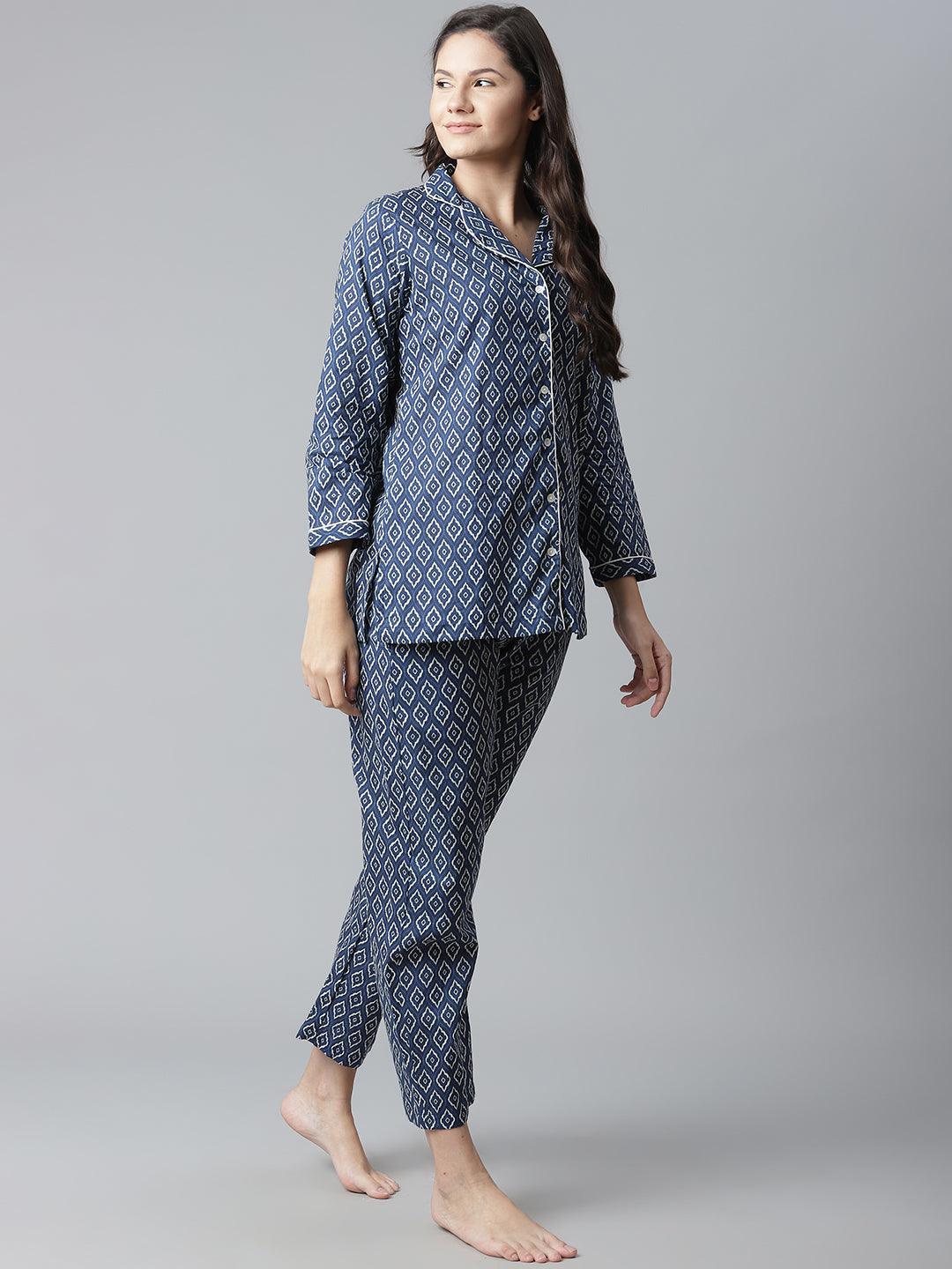 Divena Indigo Printed Cotton Nightsuit - divena world-Mohi