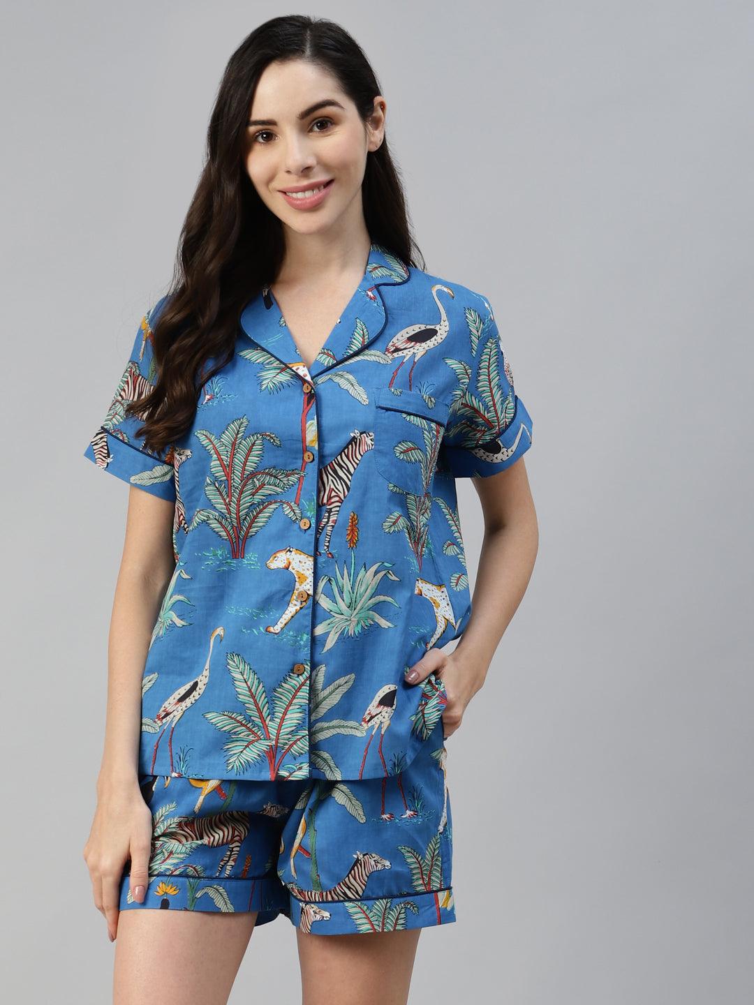 Divena Teal blue Cotton Animal Print Night suit - divena world-Mohi