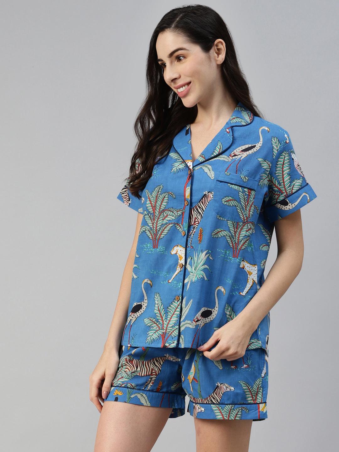 Divena Teal blue Cotton Animal Print Night suit - divena world-Mohi