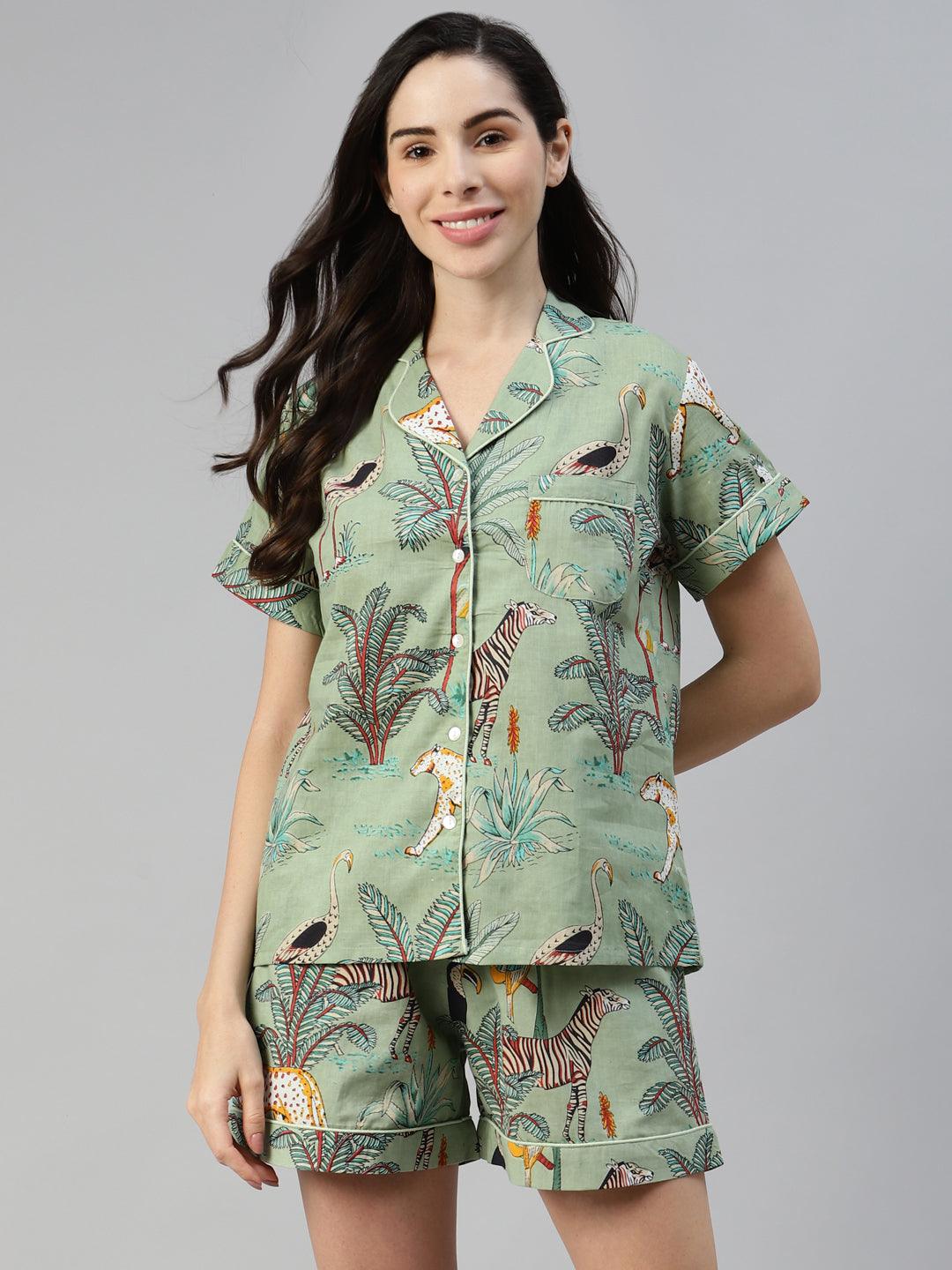 Divena Sea Green Cotton Animal Print Night Suit - divena world-Mohi