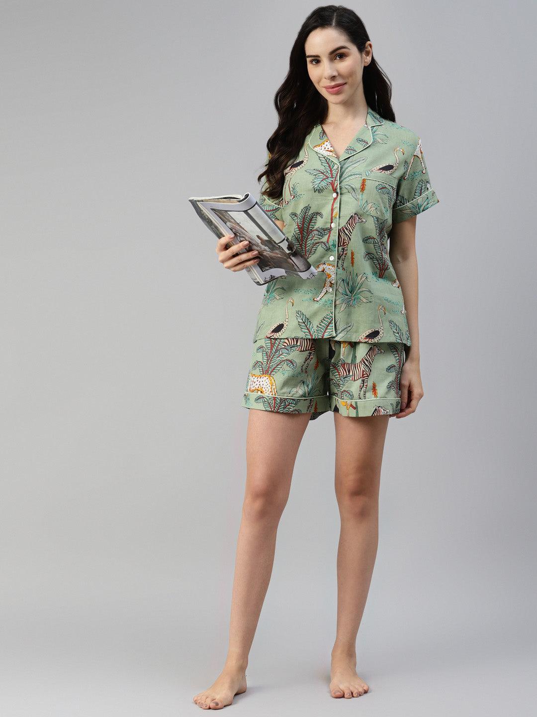 Divena Sea Green Cotton Animal Print Night Suit - divena world-Mohi