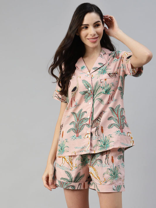 Divena Pink Cotton Floral Print Night Suit - divena world-Mohi