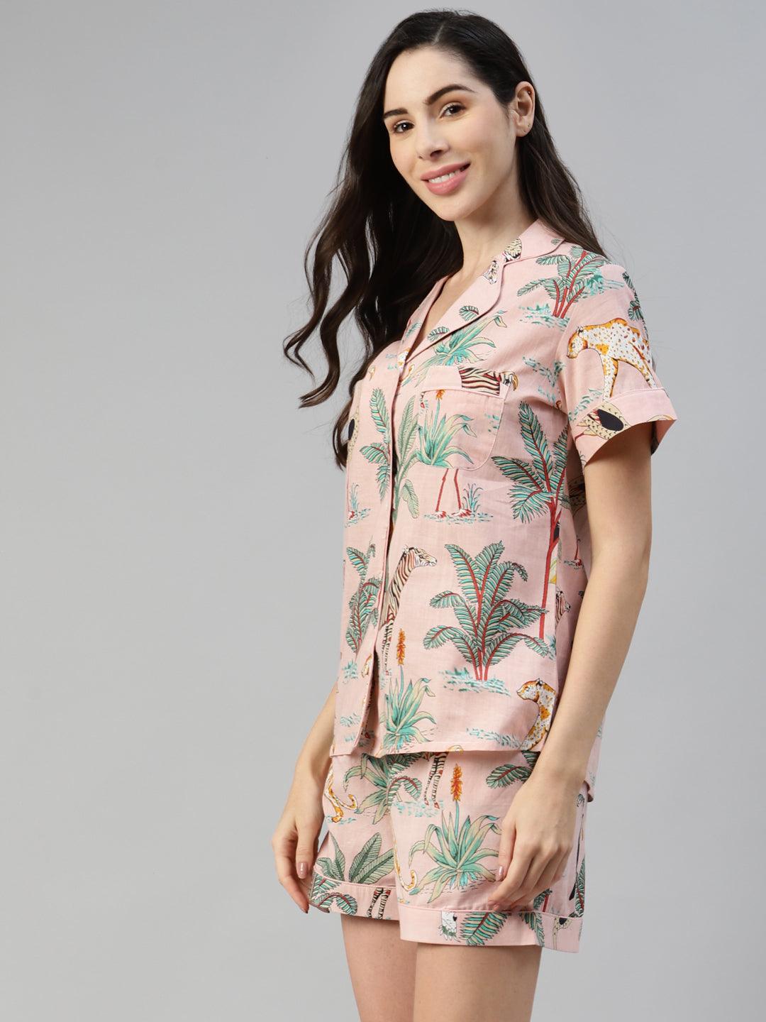 Divena Pink Cotton Floral Print Night Suit - divena world-Mohi