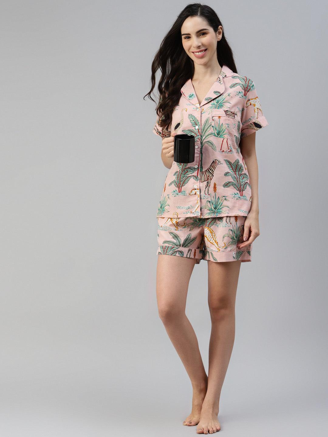 Divena Pink Cotton Floral Print Night Suit - divena world-Mohi