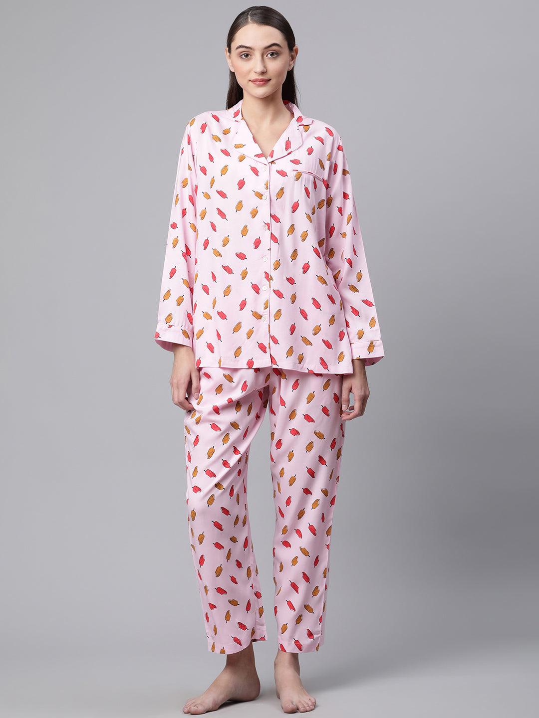 Divena Divena Light Pink Rayon Printed Night suit - divena world-Mohi