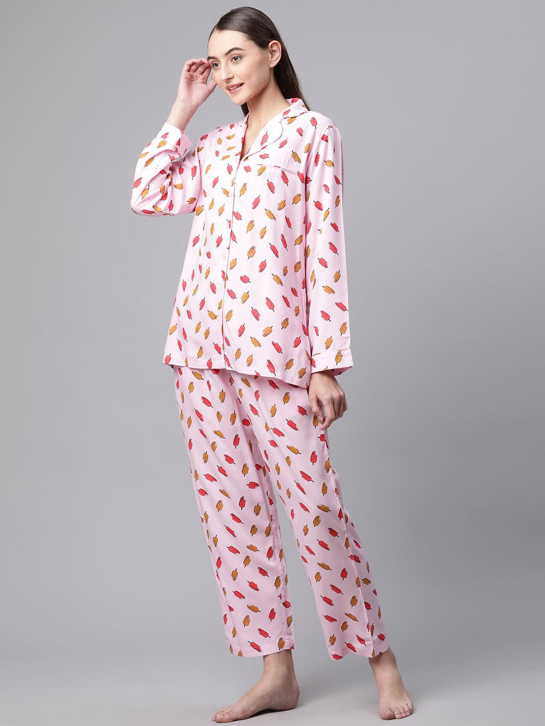 Divena Divena Light Pink Rayon Printed Night suit - divena world-Mohi