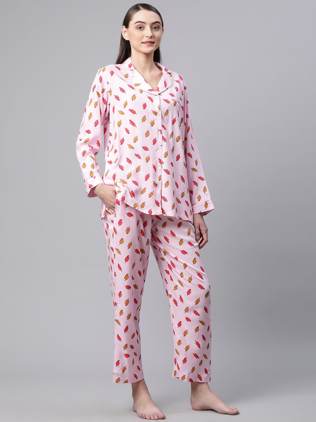 Divena Divena Light Pink Rayon Printed Night suit - divena world-Mohi