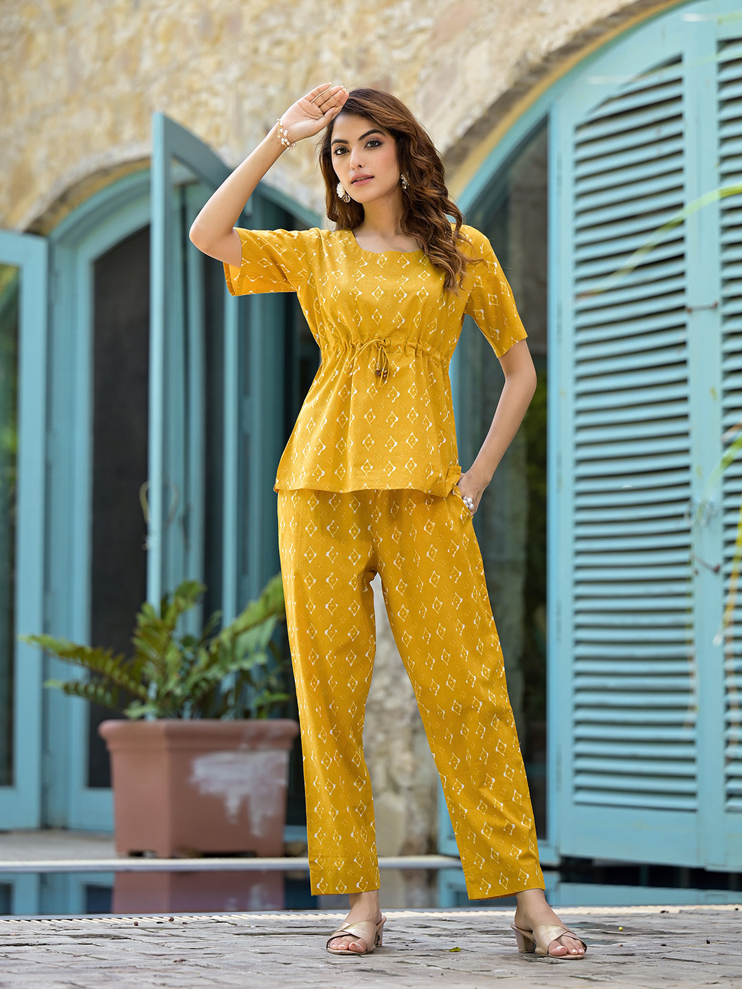 Mustard Cotton A-line Night Suit with Adjustable Waist Dori