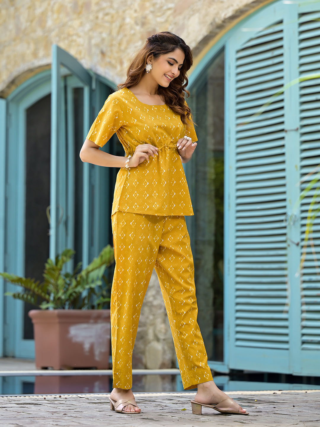 Mustard Cotton A-line Night Suit with Adjustable Waist Dori