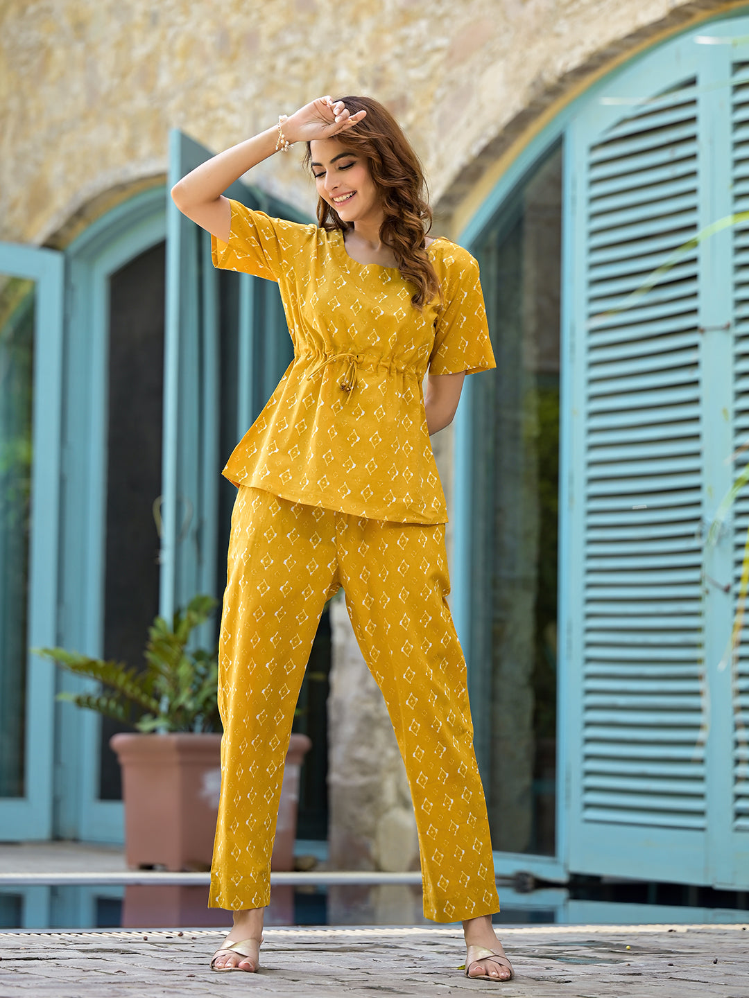 Mustard Cotton A-line Night Suit with Adjustable Waist Dori