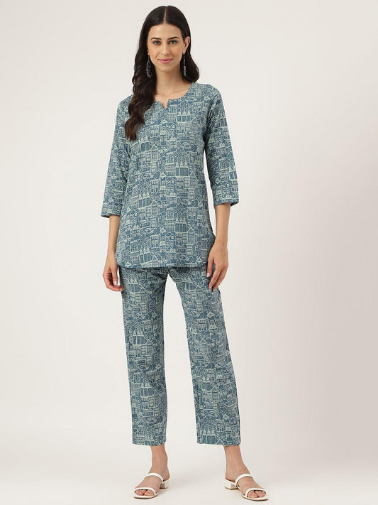 Divena Teal Blue Printed Loungewear/Nightwear - divena world-Mohi