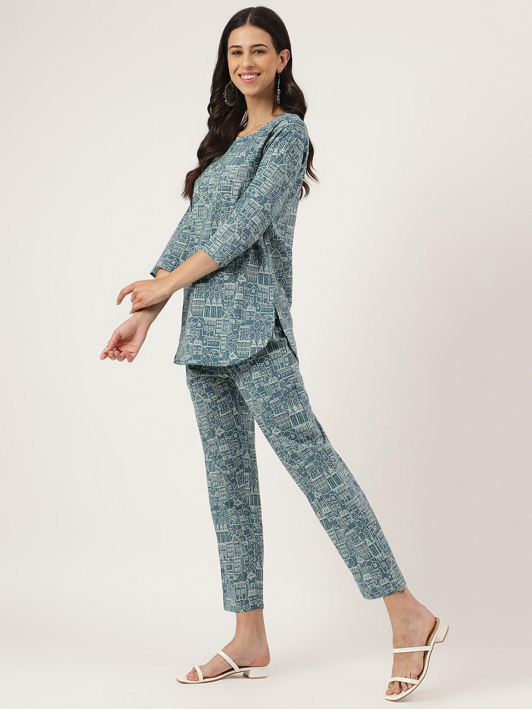 Divena Teal Blue Printed Loungewear/Nightwear - divena world-Mohi