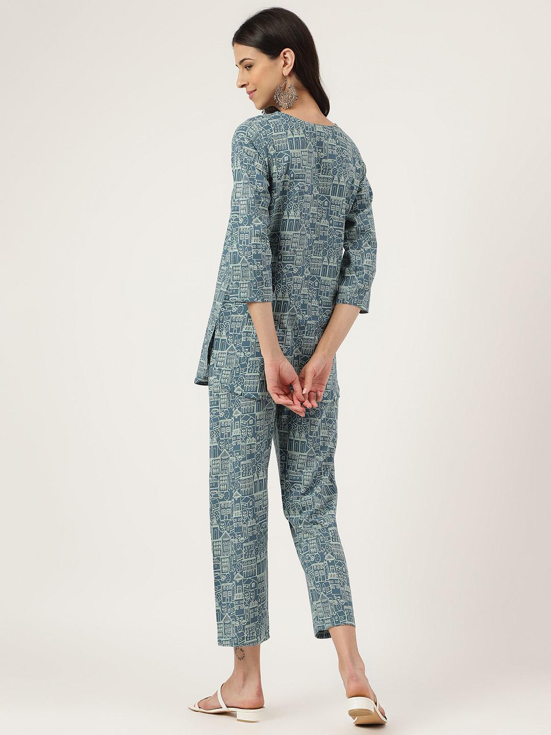 Divena Teal Blue Printed Loungewear/Nightwear - divena world-Mohi