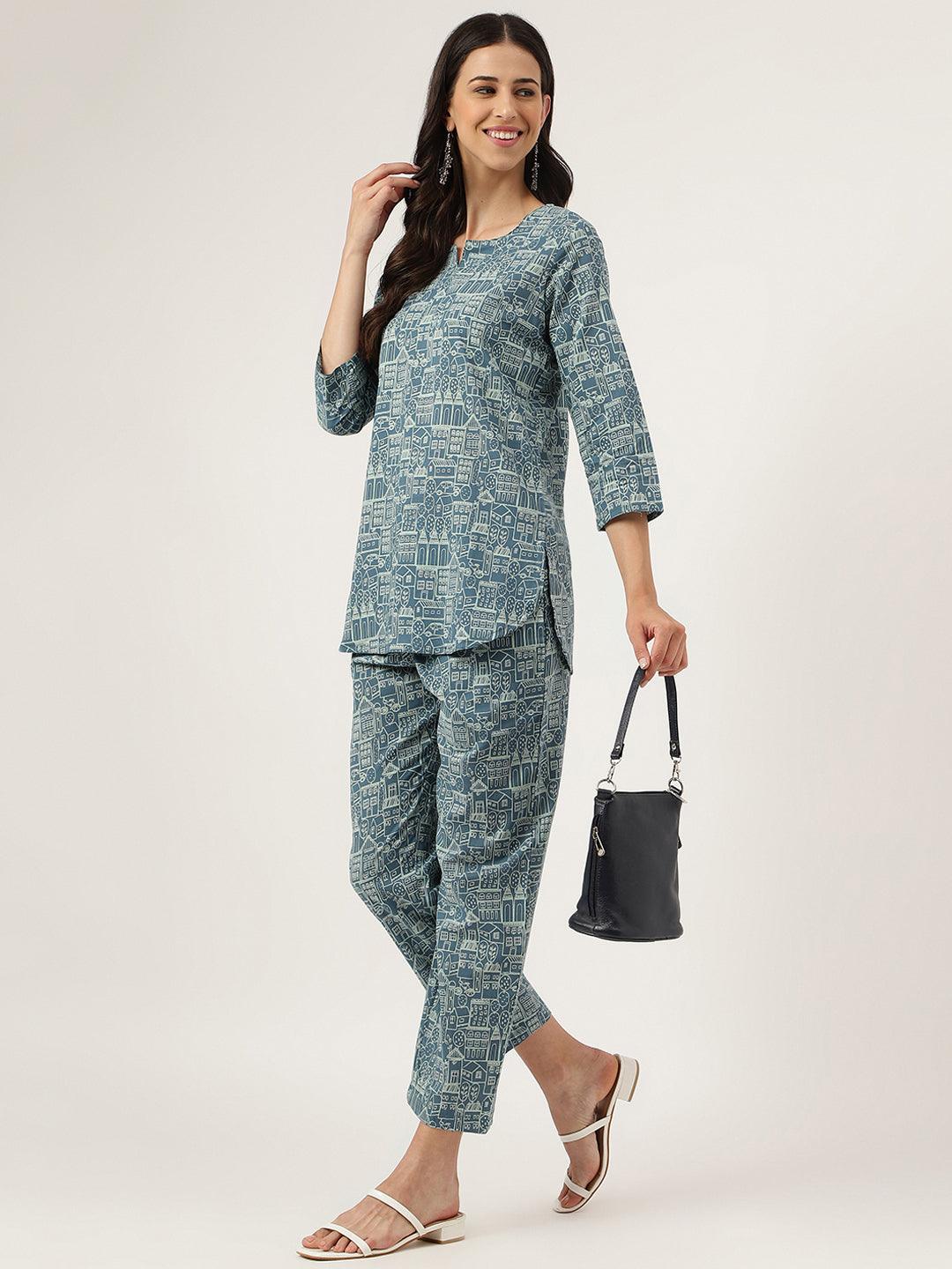 Divena Teal Blue Printed Loungewear/Nightwear - divena world-Mohi