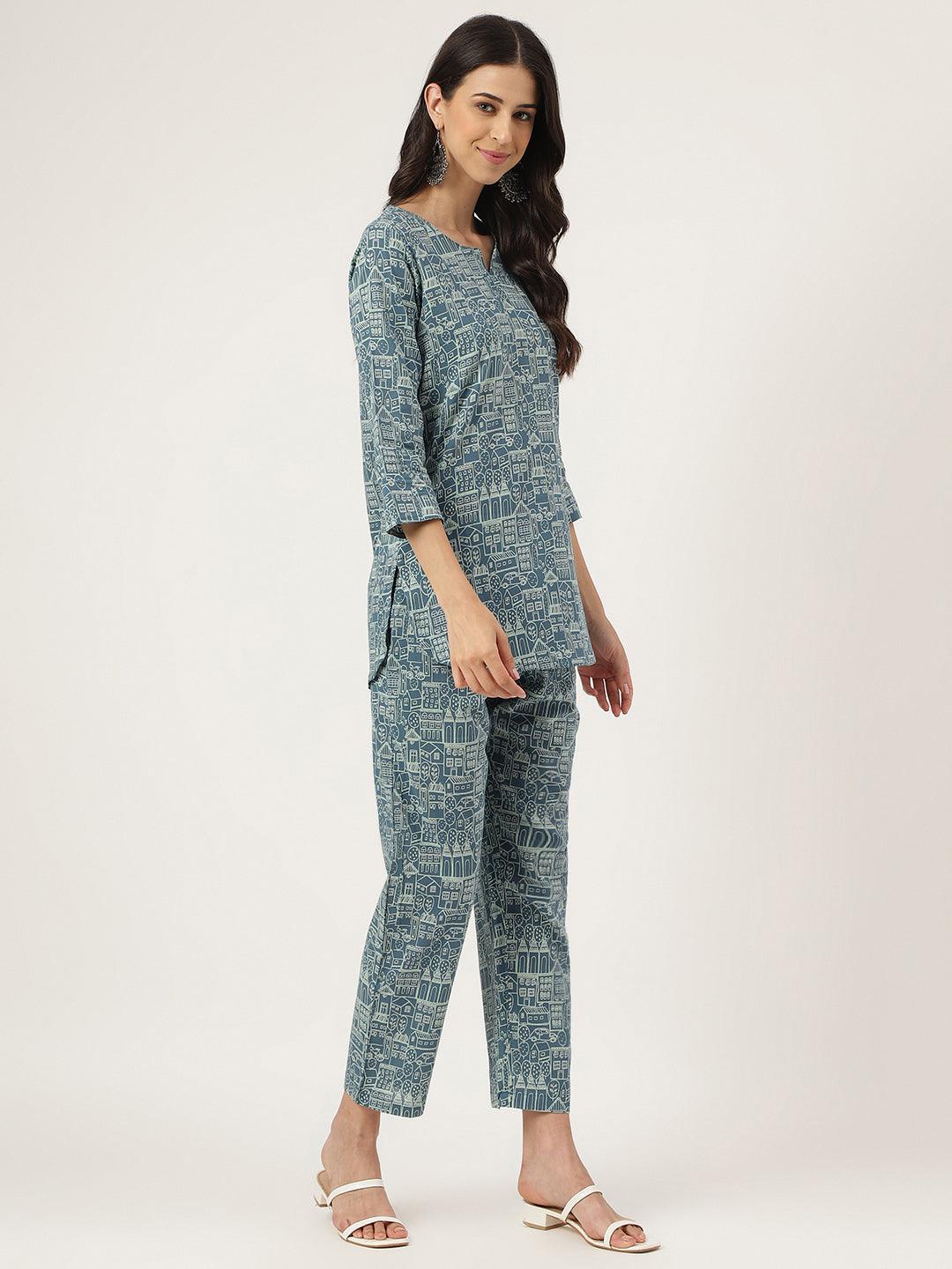 Divena Teal Blue Printed Loungewear/Nightwear - divena world-Mohi