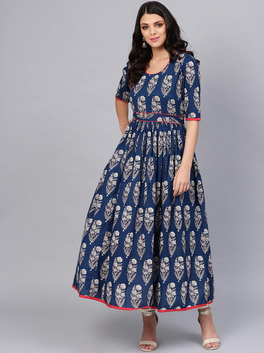 Divena Royal Blue Printed Floor Length Anarkali - divena world-Mohi