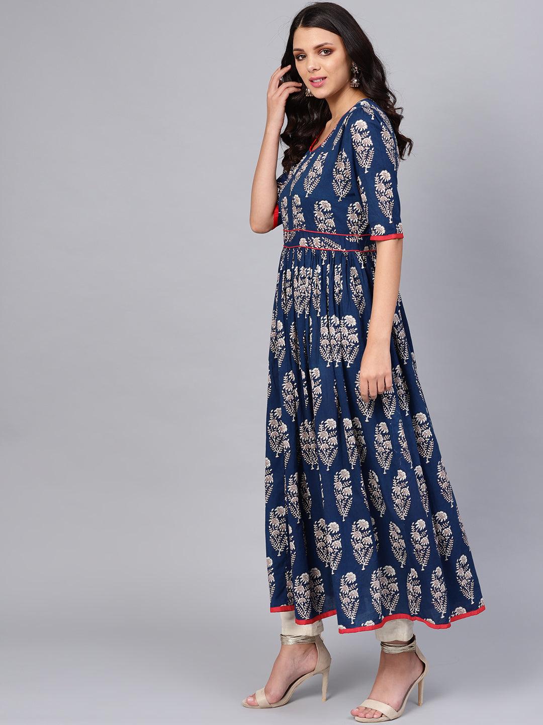 Divena Royal Blue Printed Floor Length Anarkali - divena world-Mohi