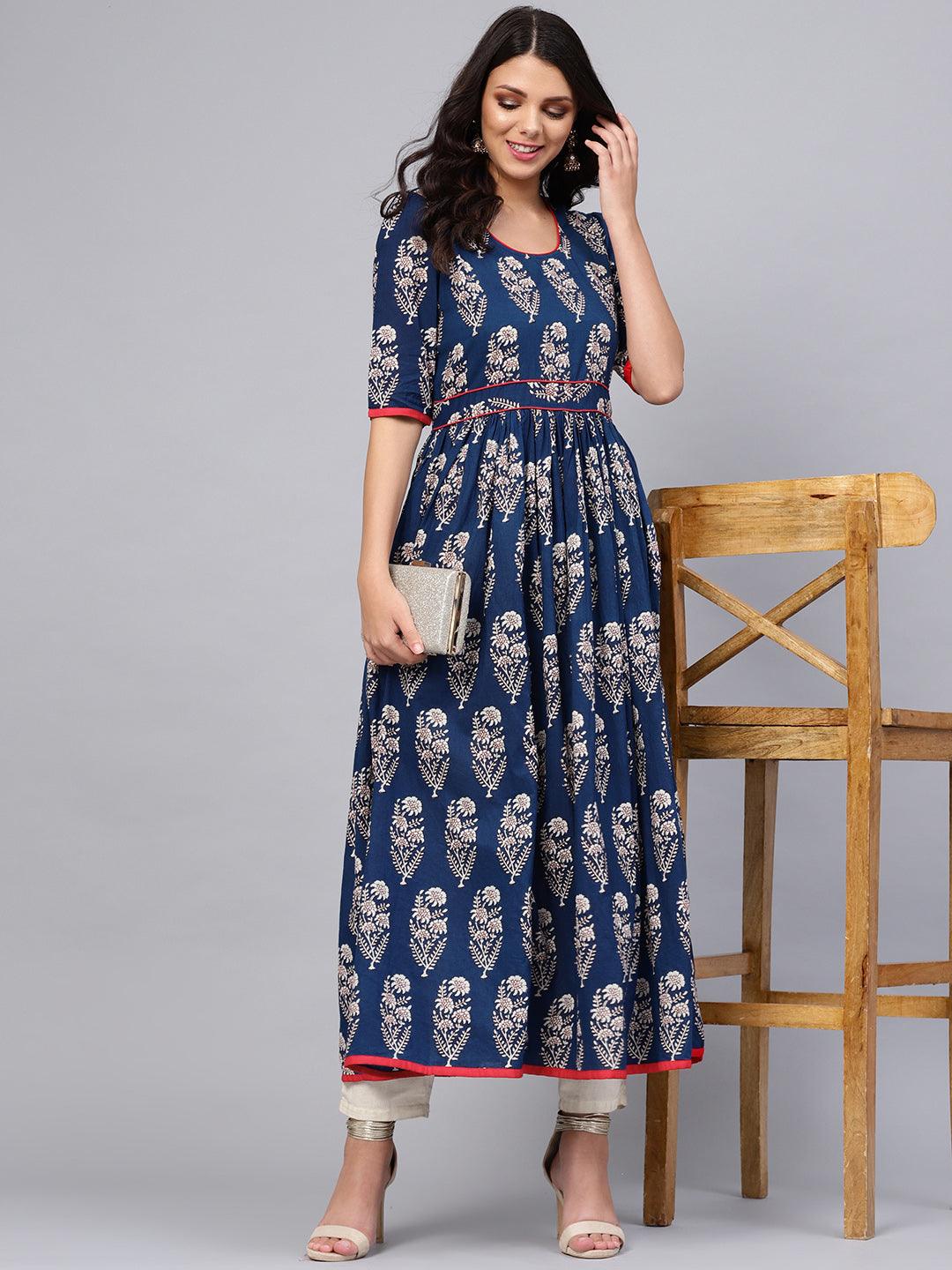 Divena Royal Blue Printed Floor Length Anarkali - divena world-Mohi