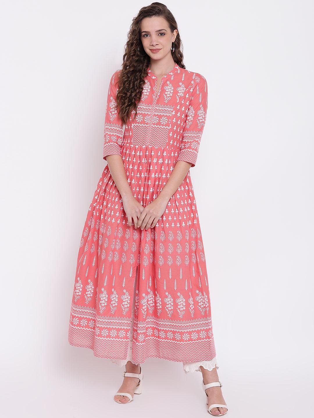 Divena Pink A Line Printed Cotton Kurta - divena world-Mohi