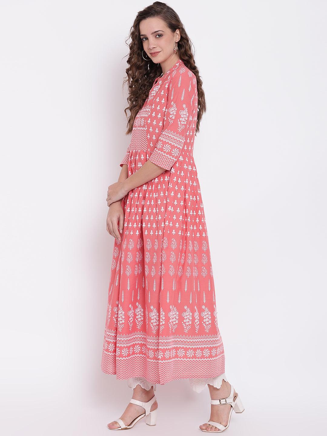 Divena Pink A Line Printed Cotton Kurta - divena world-Mohi