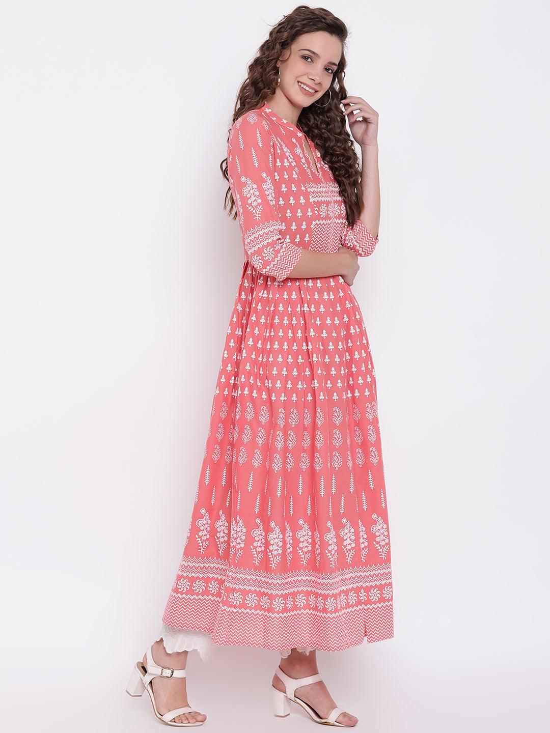 Divena Pink A Line Printed Cotton Kurta - divena world-Mohi