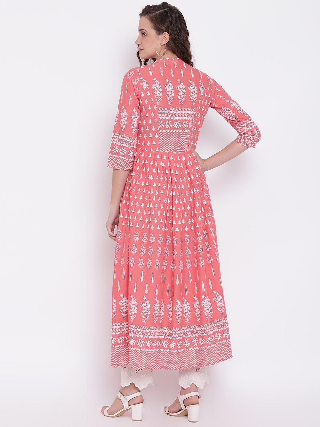 Divena Pink A Line Printed Cotton Kurta - divena world-Mohi