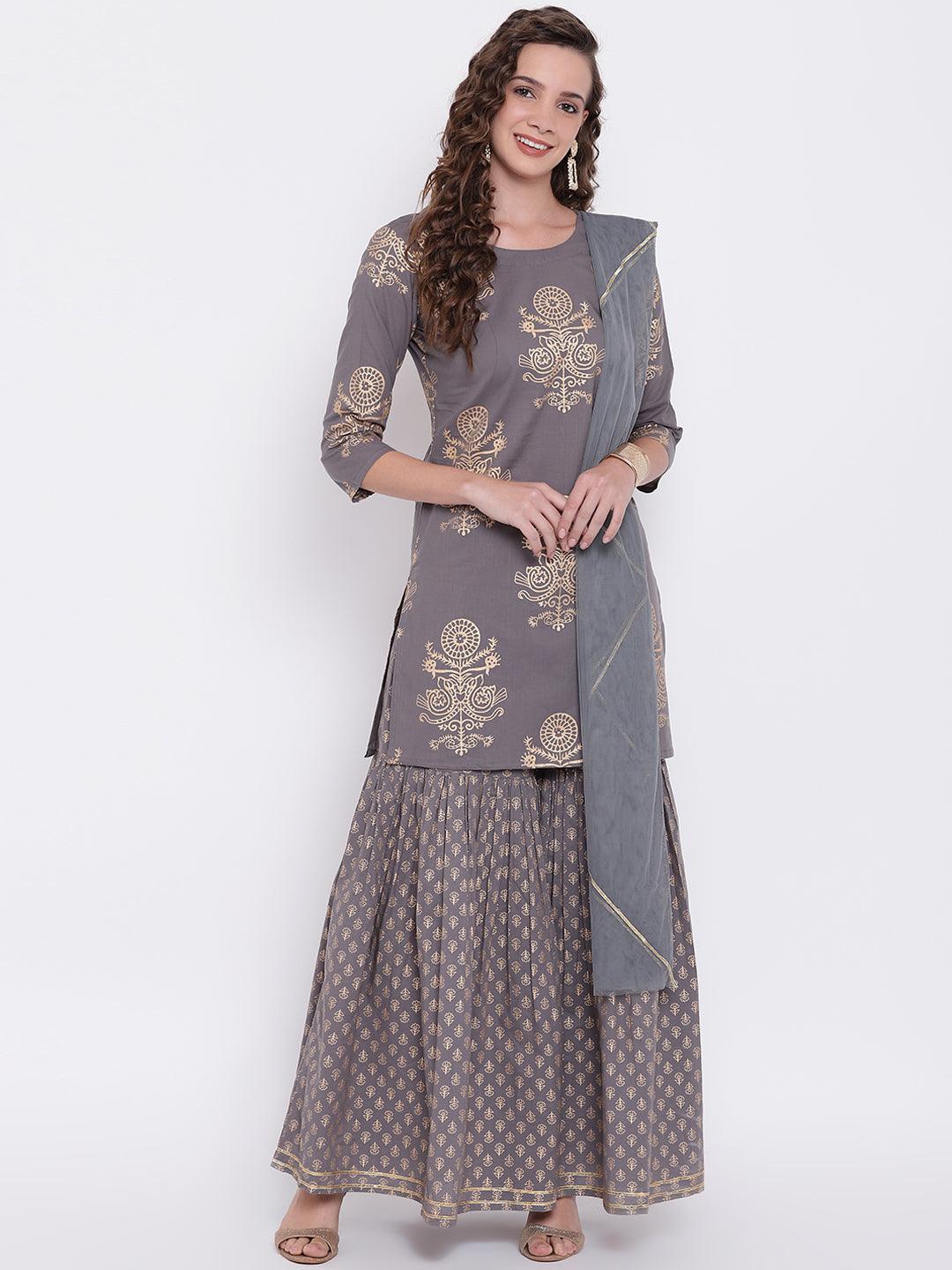 Divena Grey Foil Print Cotton Sharara Set with Net Dupatta - divena world-Mohi