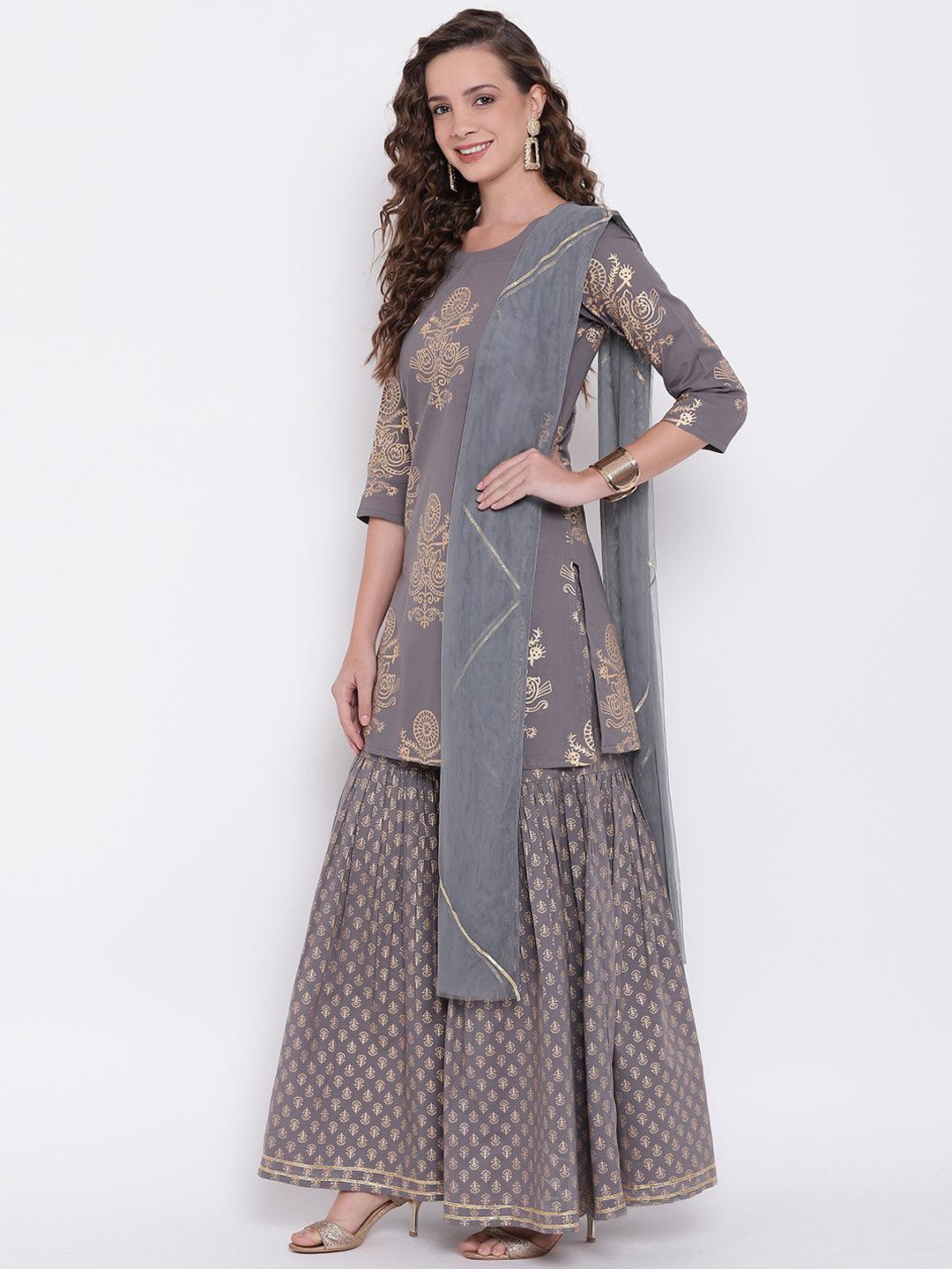 Divena Grey Foil Print Cotton Sharara Set with Net Dupatta - divena world-Mohi