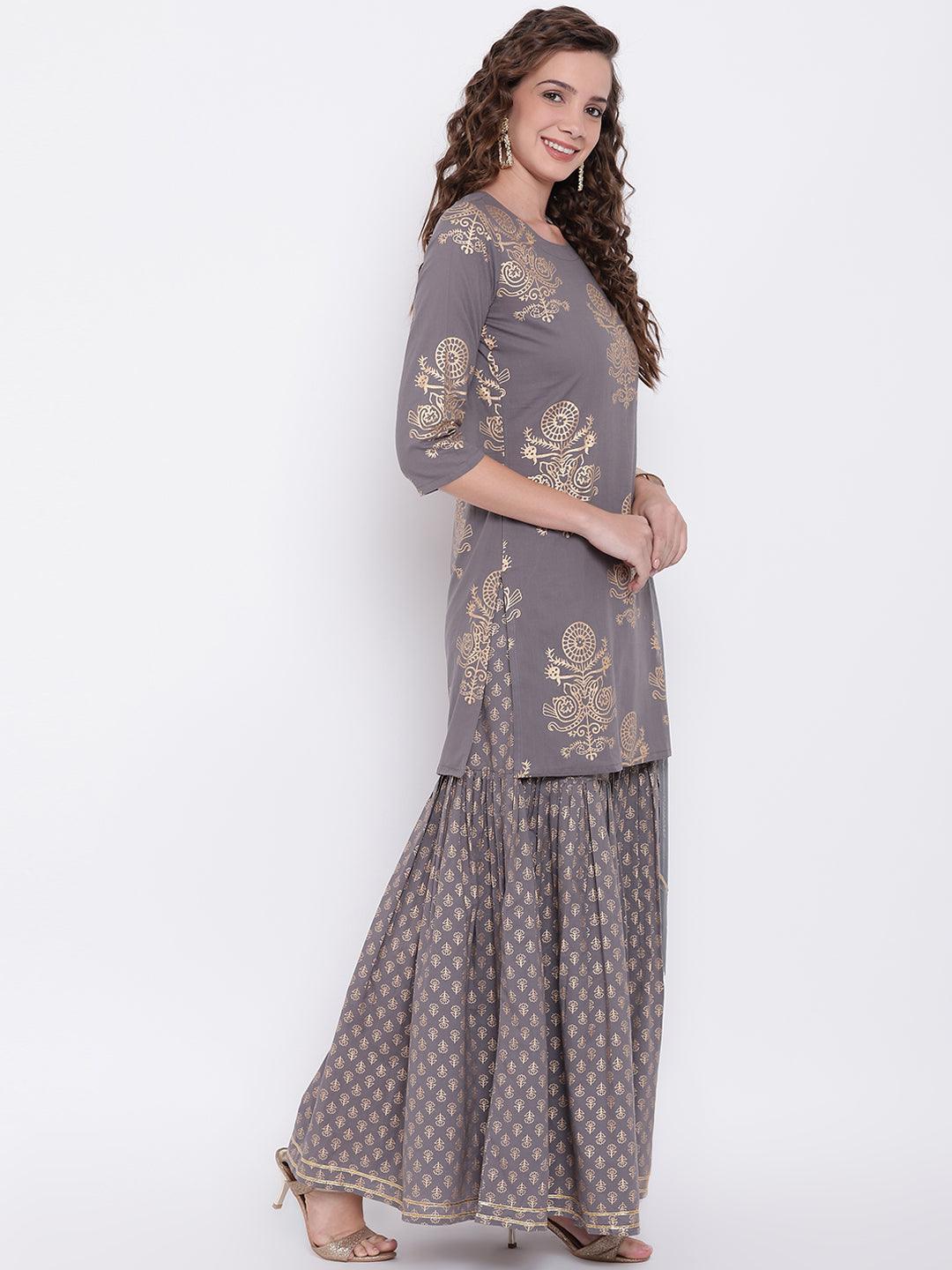 Divena Grey Foil Print Cotton Sharara Set with Net Dupatta - divena world-Mohi