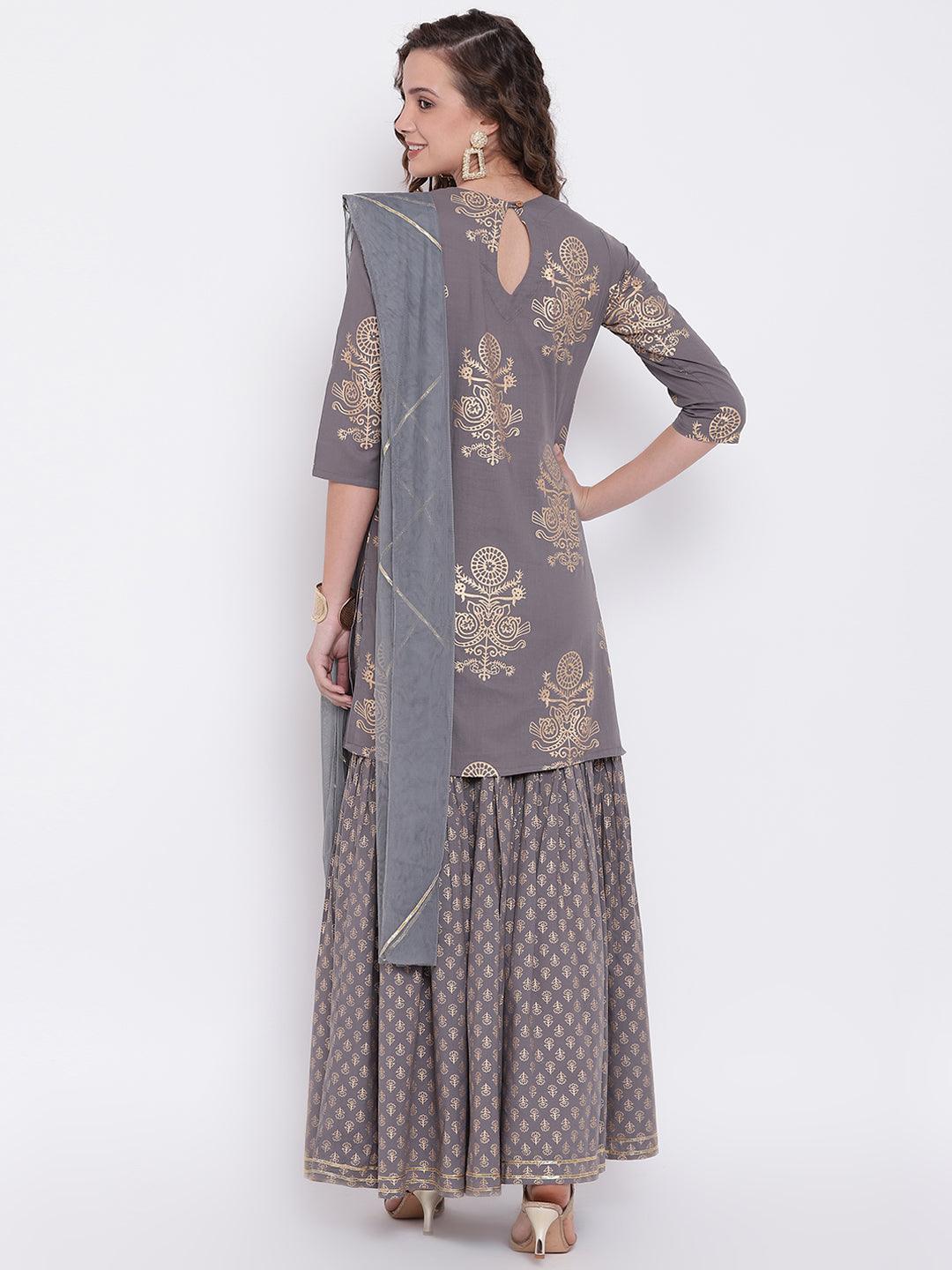 Divena Grey Foil Print Cotton Sharara Set with Net Dupatta - divena world-Mohi