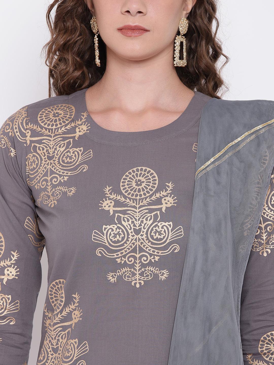 Divena Grey Foil Print Cotton Sharara Set with Net Dupatta - divena world-Mohi