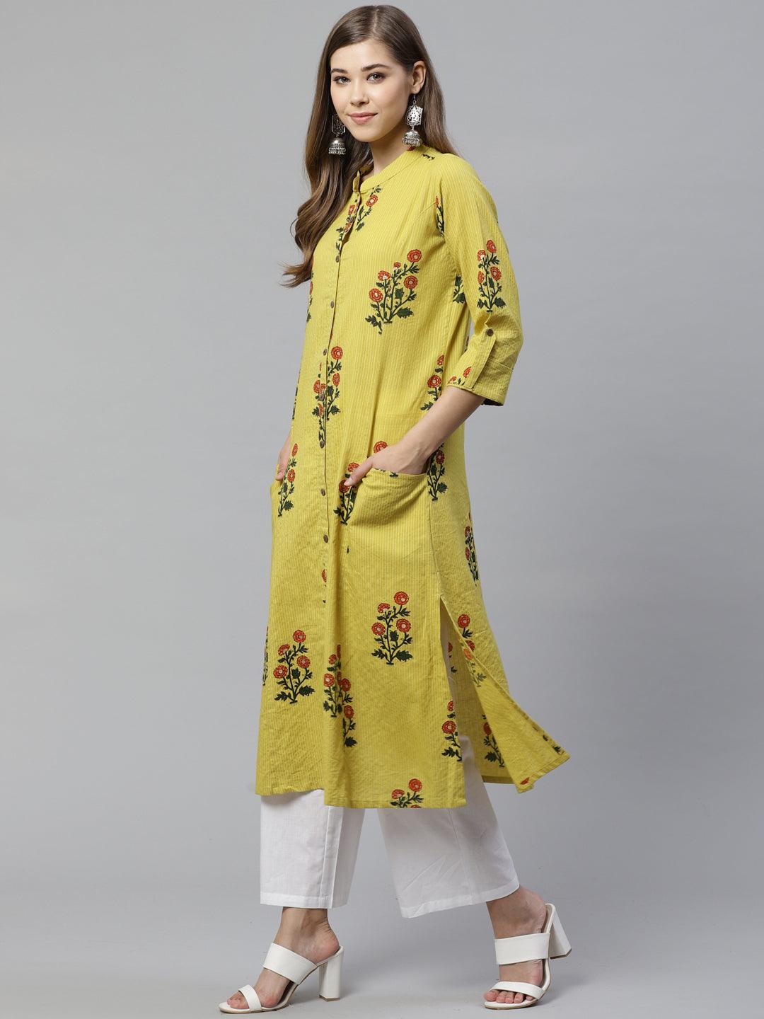 Divena Lemon Yellow Straight Cotton Kurta - divena world-Mohi